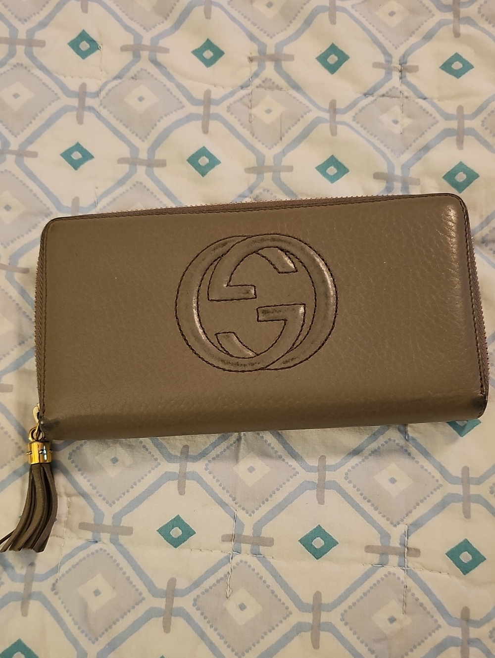 Gucci Taupe Leather Zip-Around Wallet with Tassel